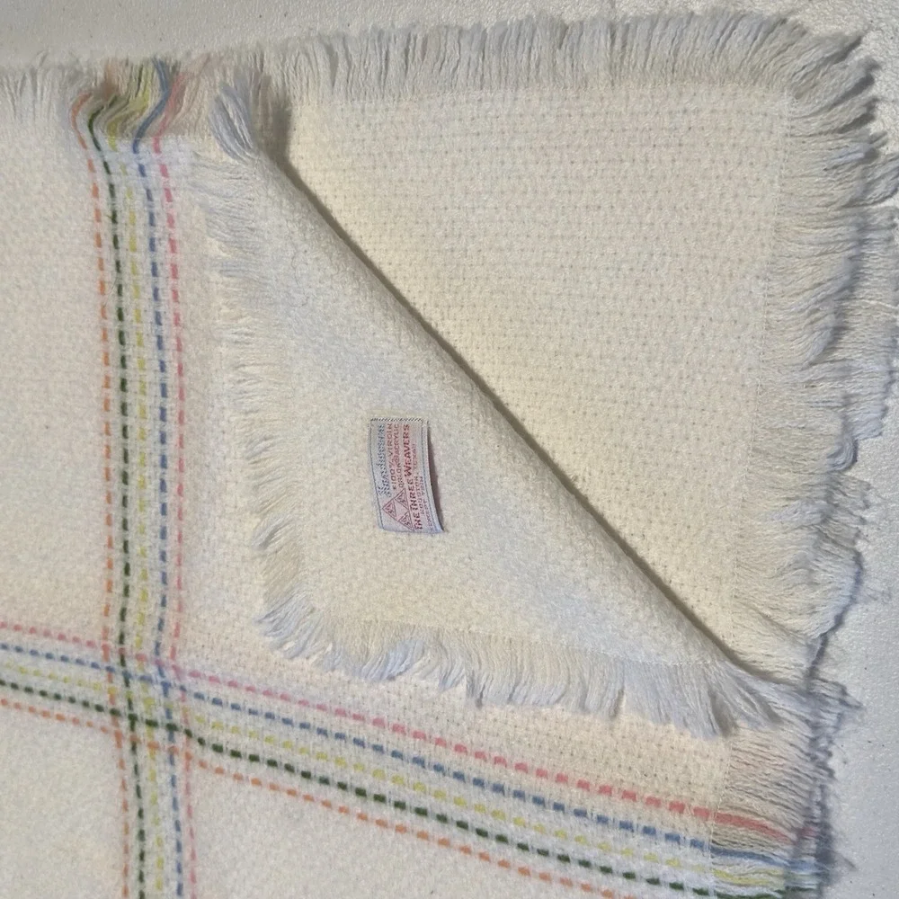 The‎ Three Weavers Handwoven Rainbow Fringed Baby Blanket Orlon Acrylic Vintage